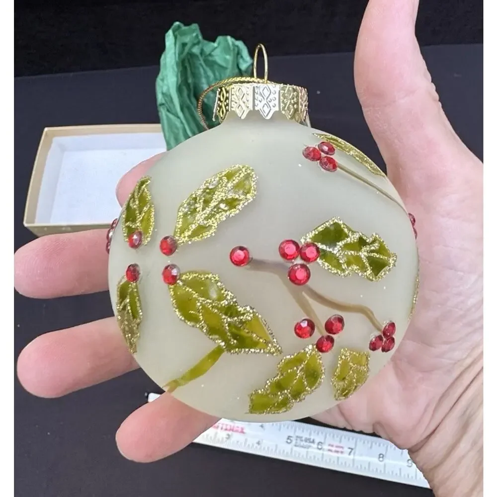 Vintage Pier 1 Christmas Ornament Frosted Jeweled Glass Holly Berries -S1T
